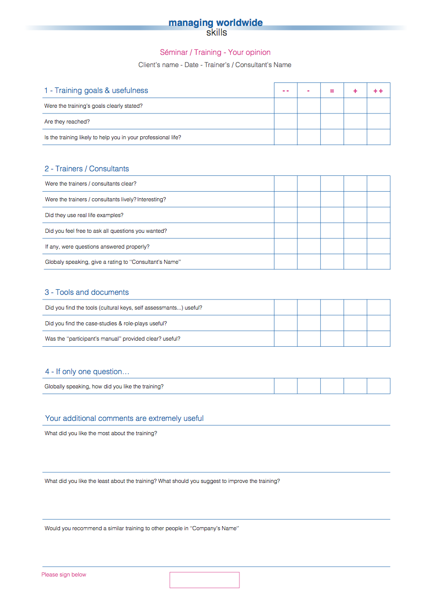 Typical form for rating the seminar